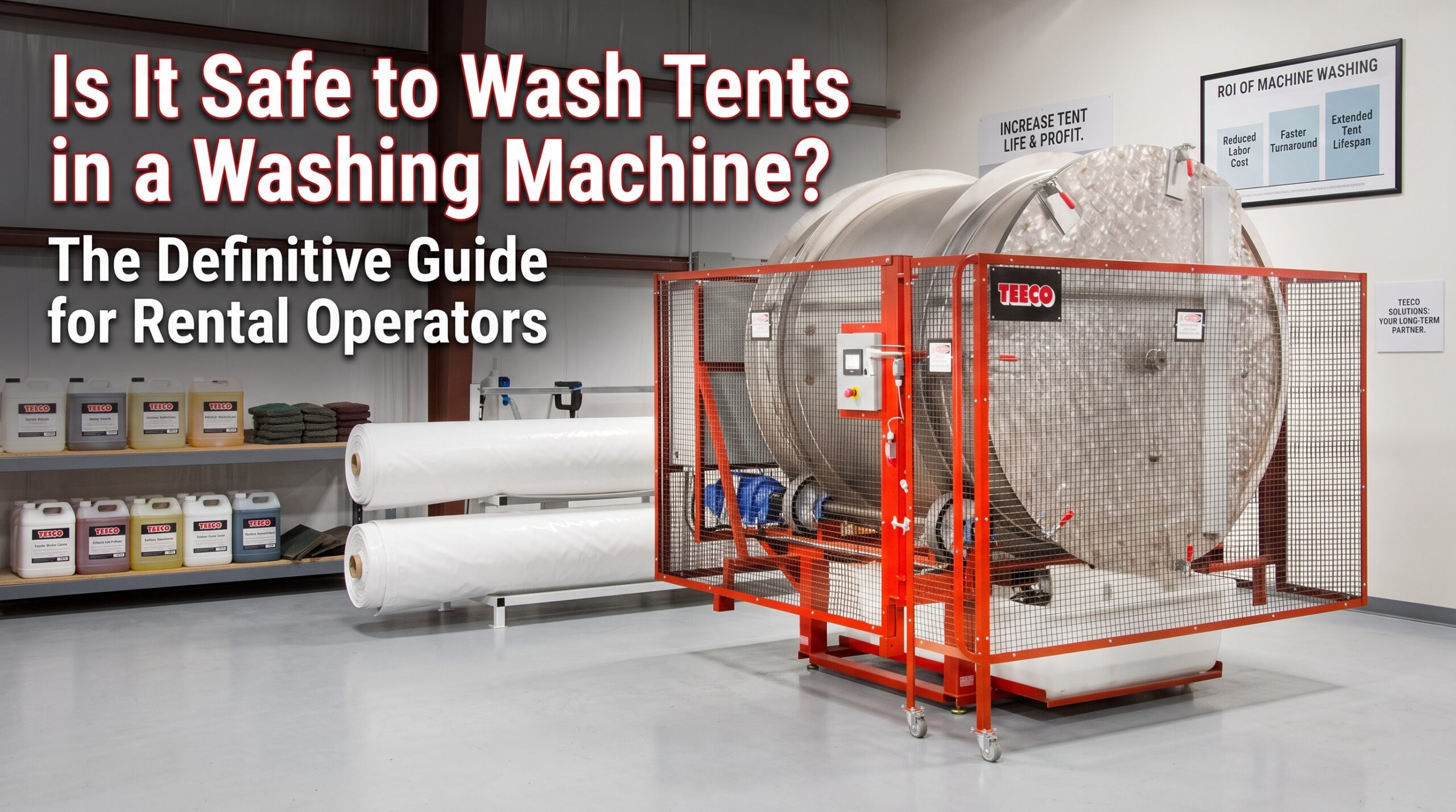 A well-equipped warehouse featuring a large, red-caged Teeco Solutions industrial tent washing machine, next to rolled white vinyl tent tops and shelves stocked with diverse cleaning chemicals, under overlaid text reading: 'Is It Safe to Wash Tents in a Washing Machine? The Definitive Guide for Rental Operators.' Signs emphasizing tent maintenance and Teeco as a partner are visible in the background.