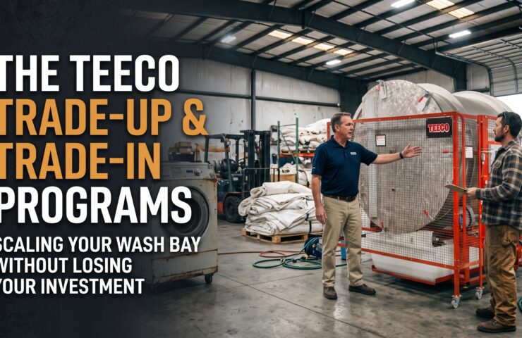 Industrial warehouse interior featuring the bold title text "THE TEECO TRADE-UP & TRADE-IN PROGRAMS: SCALING YOUR WASH BAY WITHOUT LOSING YOUR INVESTMENT" on the left. In the center-right, a man gestures toward a large, stainless steel Teeco tent washing machine enclosed in a red wire safety cage with wheels, while a business owner with a clipboard observes. The busy industrial wash bay in the background contains an older wash unit, forklifts, bundles of tent fabric, and warehouse equipment, illustrating an equipment trade-up consultation.