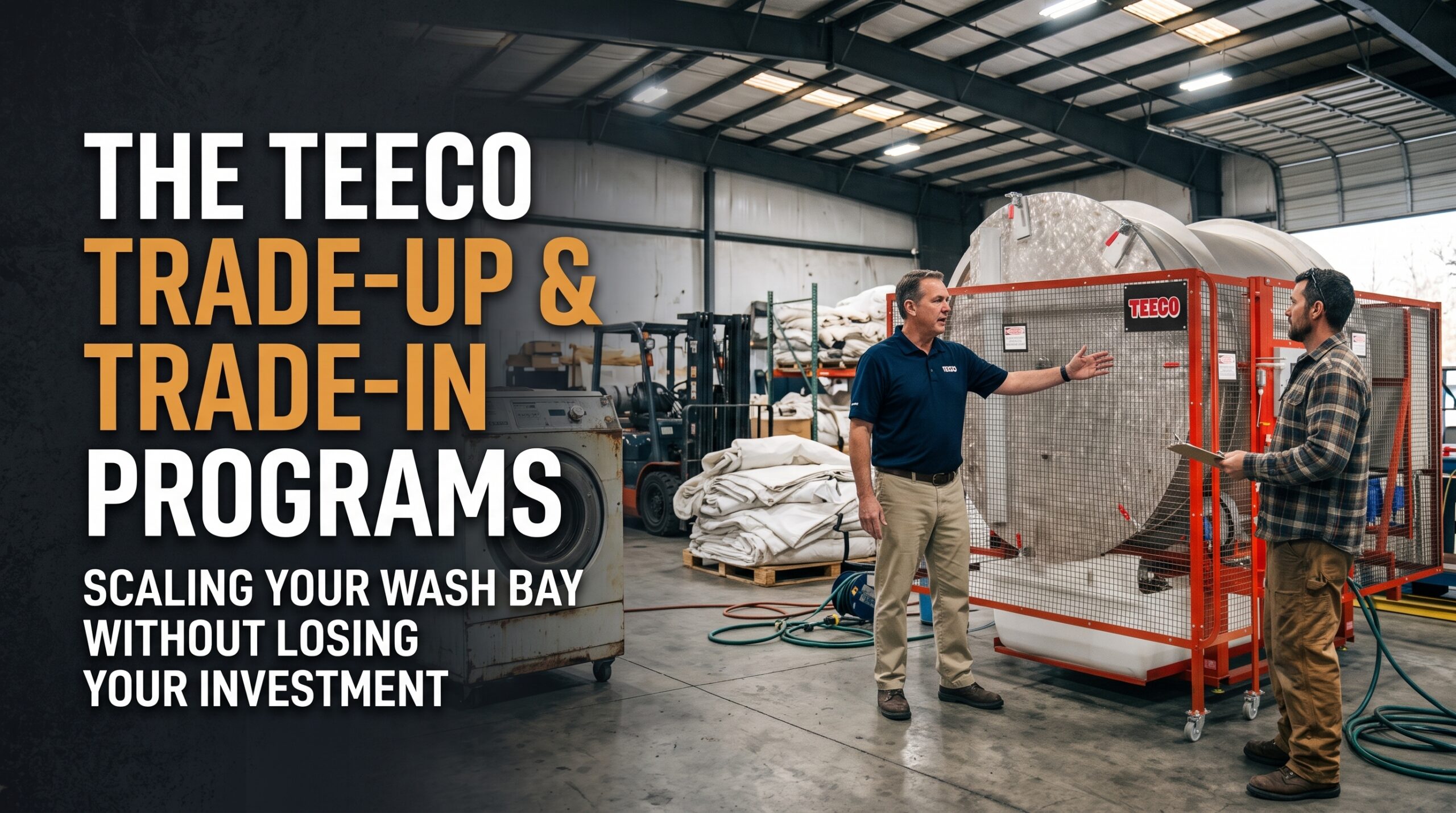 Industrial warehouse interior featuring the bold title text "THE TEECO TRADE-UP & TRADE-IN PROGRAMS: SCALING YOUR WASH BAY WITHOUT LOSING YOUR INVESTMENT" on the left. In the center-right, a man gestures toward a large, stainless steel Teeco tent washing machine enclosed in a red wire safety cage with wheels, while a business owner with a clipboard observes. The busy industrial wash bay in the background contains an older wash unit, forklifts, bundles of tent fabric, and warehouse equipment, illustrating an equipment trade-up consultation.